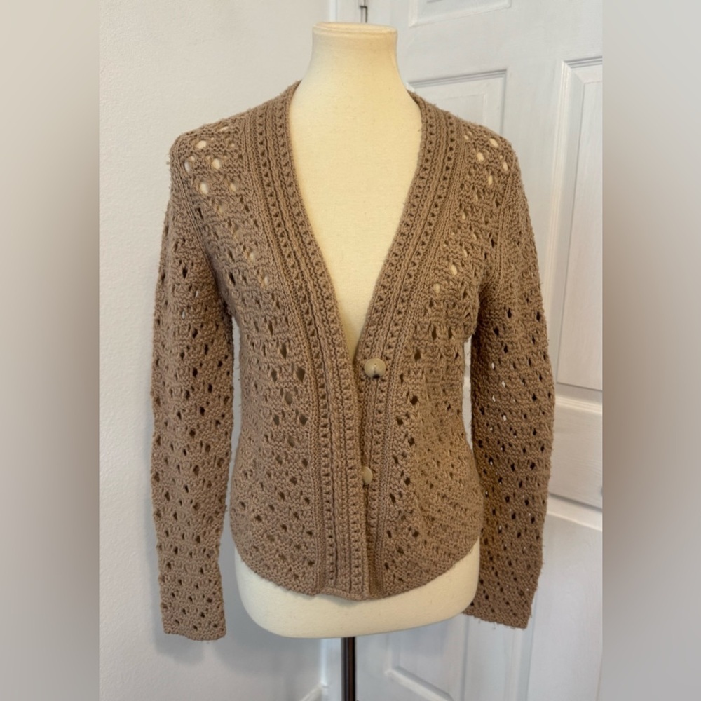 Vince Wool & Cashmere Crochet Cardigan Open Knit V Neck Light Amber Size Small